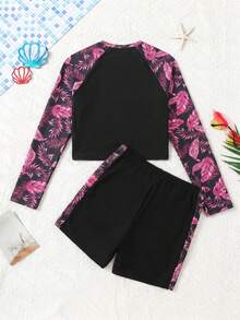 SHEIN 少女插肩袖热带植物印花上衣和短裤泳衣套装 - 玫紅色 - 查看 2