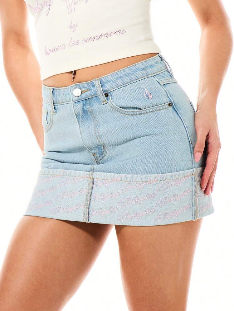 BABYPHAT ライトブルー ターンアップヘム ロゴ入り デニム ミニスカート ハイライズ Aライン カジュアル 夏 春 フェスティバル ウェア