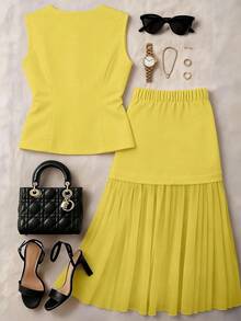 Franclia Plus Size Wedding Season Vest & Sheer Patchwork Midi Skirt 2 Pieces Set - Yellow - View 2