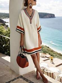 SHEIN Holidaya 夏季休闲V领中长连衣裙，适合商务、办公、户外、海滩、日常通勤等多种场合，复古优雅女装 - 彩色 - 查看 3