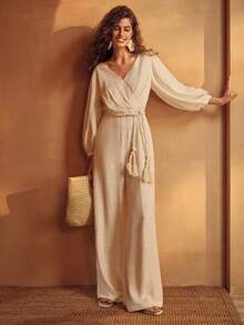 MOTF PREMIUM Bộ jumpsuit nữ chất liệu pha lanh, dáng dài, thích hợp cho kỳ nghỉ xuân hè. - Màu be - Xem 6