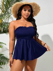 Swim Lushoire Plus Size Women Summer Beach Vacation Solid Color Bust Gather Tankinis Swimwear - Navy Blue - View 3