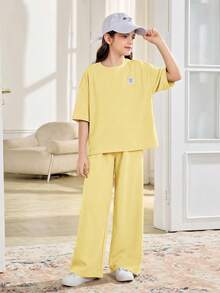 SHEIN 2pcs Tween Girls Casual Loose Comfortable Round Neck Short Sleeve T-Shirt And Pants Set - Yellow - View 7