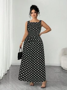 SHEIN Elenzya 大码女式波点印花方领无袖优雅连衣裙 - 黑色 - 查看 6