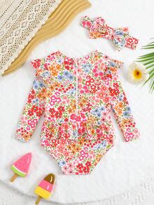 Souflis Souflis Baby Girl Random/Attached Ditsy Floral Swimsuit With Headband Baby Girl Swimsuit Floral Baby Ruffle Swim Baby Clothes Girl Flounce Sleeve Baby Girl Resort Wear 2 Year Old Girl Swim Wear Baby Girl Zip Up Swimsuit Baby Swim Suit Girl Long Sleeve Baby Girl Rash Guard Swimsuit Baby Girl Long Sleeve Swimsuit Rash Guard Girl Flower Print Bathing Suit Full Coverage - Multicolor - View 2