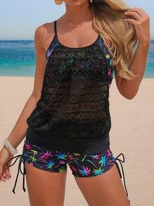 Swim Lushoire Bộ đồ hai mảnh bán chạy nhất cho kỳ nghỉ biển, in hình cây dừa, kiểu dáng thường ngày, gồm áo hai dây có thể điều chỉnh và quần short nhún bèo có dây rút bên hông, kiểu áo vest và áo hai dây phối bikini. - Nhiều màu - Xem 1