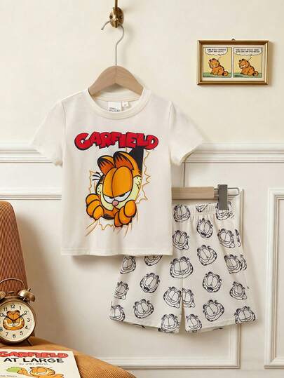GARFIELD | SHEIN Cartoon Print Top And Shorts Pajama Set For Young Boy
