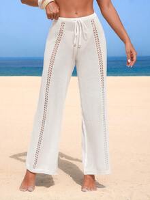 Swim Lushoire Women's Coverup Vacation Mature Style Sexy White Knit Belted Wide Leg Pants Beach Summer - White - View 3