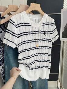 Resyla Women's Regular Crew Neck Short Sleeve Knit Top - Blue and White - View 3