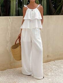DAZY Set da vacanza da donna composto da top a canotta con texture e pantaloni a gamba dritta morbidi, due pezzi - Bianco - Visualizzare 3