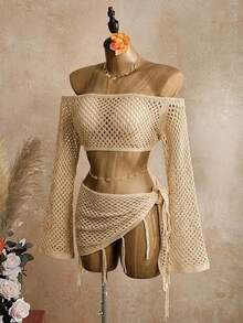 Swim Glamine Women's Solid Color Off-Shoulder Long Sleeve Top And Knotted Skirt Set - Apricot - View 4