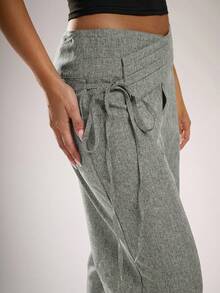 Avantive Women's Casual Belted Wide Leg Pants For Commuting Holiday Sage Green Autumn - Dark Grey - View 5