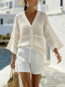 EMERY ROSE V-Neck Sleeveless Hollow Mesh Single-Breasted Loose Casual Women Thin Cardigan - Beige - View 3