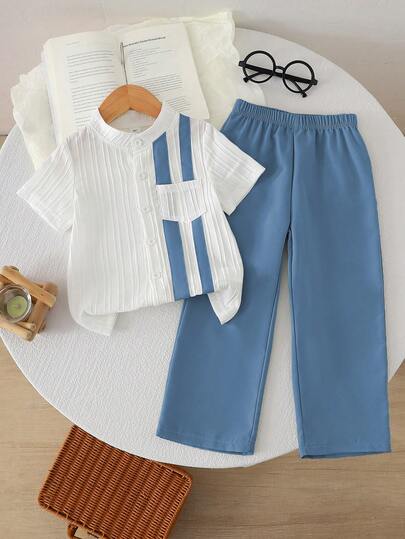 SHEIN Playful Pals 2pcs/Set Young Boy Casual Solid & Striped Short Sleeve Shirt And Pants Set, Suitable For Daily, Vacation, Sports, Summer