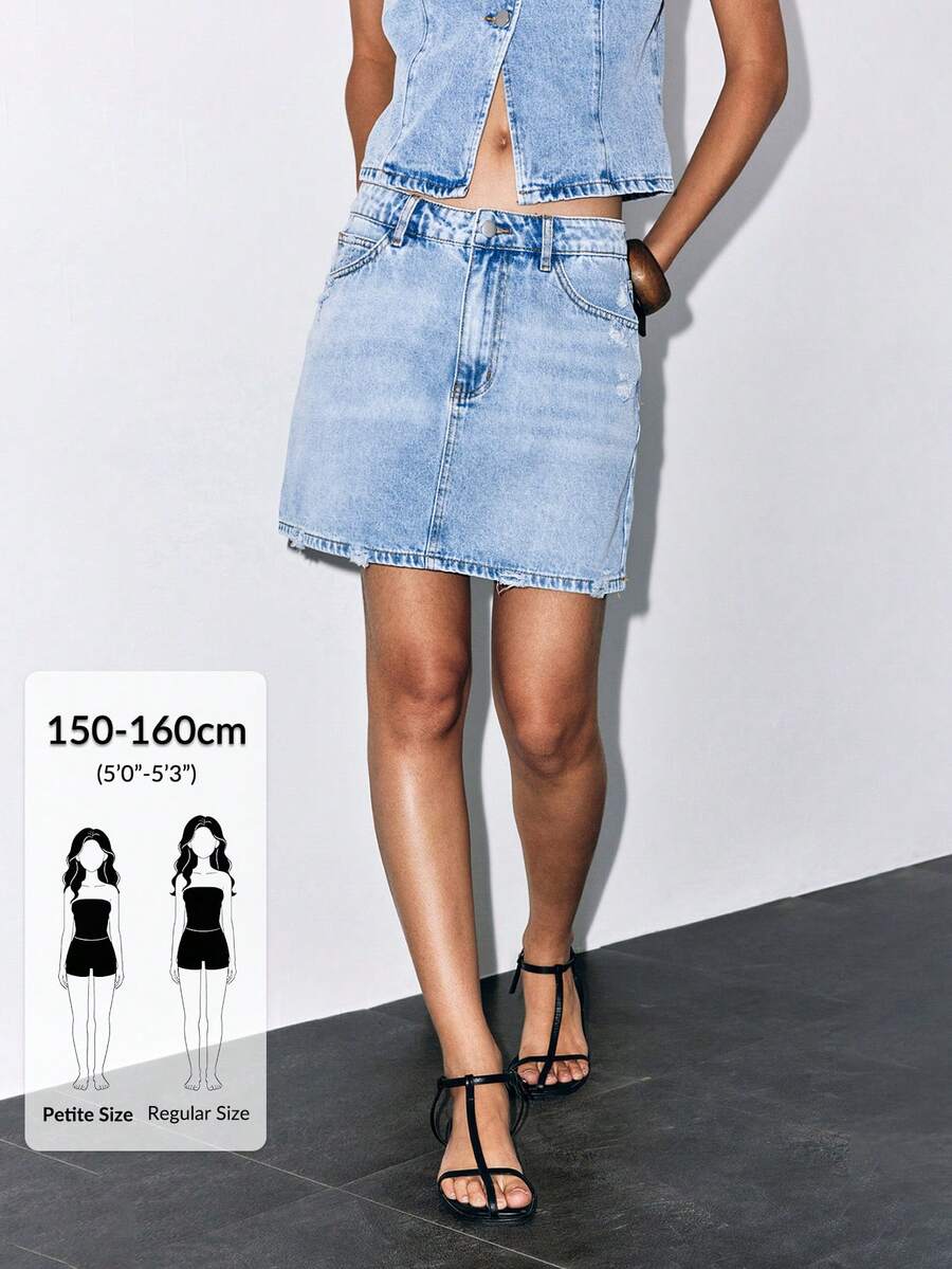 SHEIN PETITE Women's All-Match Casual Versatile Distressed Denim Mini Skirt Everyday Light Blue Summer - Light Wash - View 1