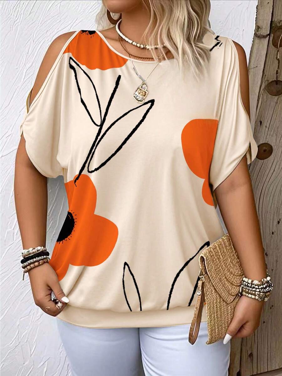 Breezaya Plus Size Vacation Style Plant Printed Open Shoulder T-Shirt For Casual Occasions Graphic Tees Women Tops  Butter Yellow - Multicolor - View 1
