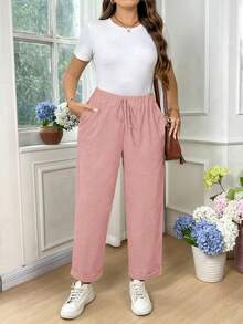 EMERY ROSE Plus Size Women Solid Color Drawstring Waist Pocket Casual Versatile Daily Wear Pants Fall - Baby Pink - View 6
