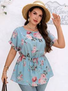 EMERY ROSE Plus Size Round Neck Batwing Sleeve Casual Elegant Royal Blue Blouse, Summer Boho Holiday Party Vacation For Women - Blue - View 6