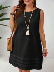 EMERY ROSE Plus Size Women Solid Color Round Neck Casual Summer Dress - Black - View 1