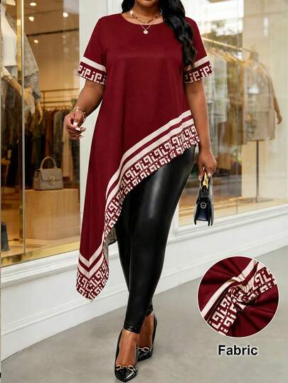 SHEIN Lady Áo kiểu nữ cỡ lớn họa tiết hình học cổ tròn tay ngắn vạt bất đối xứng