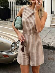 SHEIN PariChic Bộ jumpsuit không tay dáng suông kẻ sọc thắt eo, phong cách nghỉ mát mới dành cho nữ. - Cà phê nâu - Xem 2