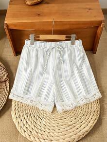 Lacomfia Shorts de talla grande para mujer con contraste de encaje y cordón en la cintura - Blanco - Ver 6