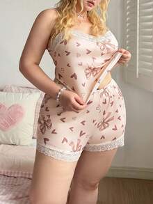 Slumberry CURVE Cute Heart & Bow Lace Camisole Plus Size Knit Pajama Set - Multicolor - View 6