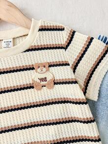 SHEIN 2pcs/Set Young Boy Fashionable Patterned Knit Striped Embroidered Short Sleeve Top With Elastic Waist Washed Denim Pants,Summer,School,Back-To-School - Apricot - View 5