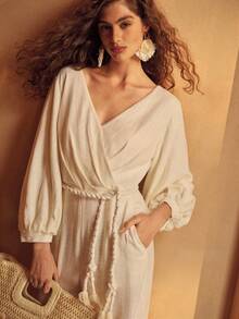 MOTF PREMIUM Bộ jumpsuit nữ chất liệu pha lanh, dáng dài, thích hợp cho kỳ nghỉ xuân hè. - Màu be - Xem 7