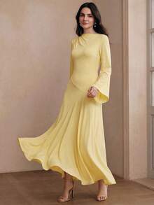 Anewsta Women's Spring Autumn New Arrival Pale Yellow Solid Color Flared Sleeve Fitted Mermaid Dress European And American Style Party Elegant - Pale Yellow - View 8