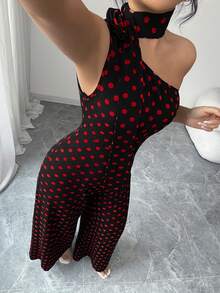GlowEve CURVE Plus Size Women's Elegant Black & White Polka Dot Asymmetric Neck Jumpsuit, Suitable For Commuting, Spring/Summer - Multicolor - View 8