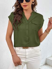 SHEIN Essnce 女士纯色V领实用口袋单排扣衬衫 - 軍綠色 - 查看 2
