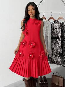 Đầm thanh lịch cho thiếu nữ, cổ tàu, họa tiết hoa, gấu váy xếp ly, dáng chữ A. - Đỏ - Xem 5