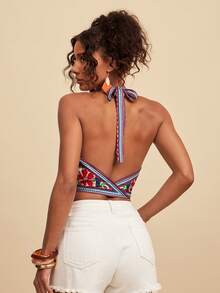 Travachic Women's Halter Neck Cropped Printed Woven Top, Suitable For Spring/Summer Vacation - Multicolor - View 2