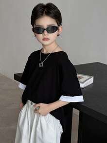 Dazy Kids Áo thun ngắn tay cổ tròn in chữ dành cho bé trai tuổi teen, kiểu dáng thường ngày. - màu đen - Xem 2