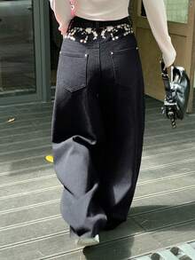 DAZY Quần jean denim dáng rộng in hoa, có túi và khóa kéo dành cho nữ. - Màu xanh lam - Xem 2
