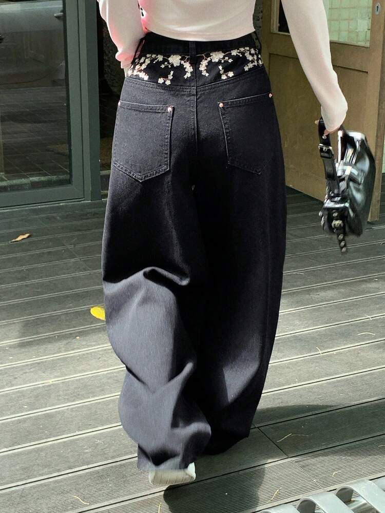 Women's Fashion Floral Print Pocket Zipper Loose Denim Jeans