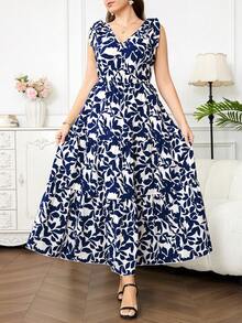 Reflora Plus Size Floral Print V-Neck Ruffle Hem Sleeveless Dress - Multicolor - View 5
