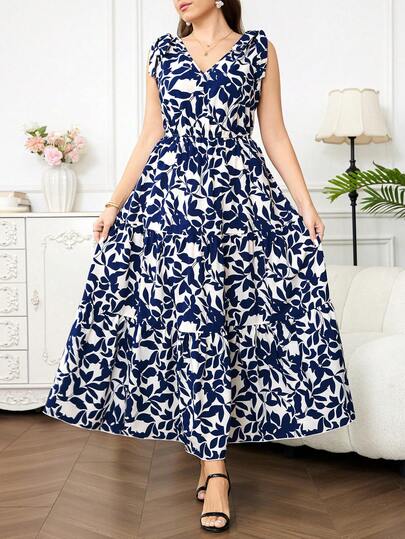 Reflora Vestido sin mangas con cuello en V, volantes en el bajo y estampado floral para tallas grandes
