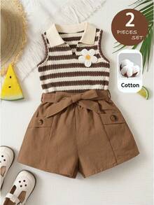 SHEIN LMoss Kids Bộ đồ thường ngày cho bé gái, gồm áo vest và quần short in hoa và kẻ sọc. - Nhiều màu - Xem 8
