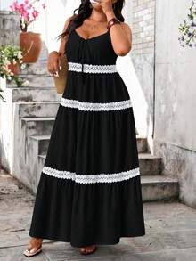 Tall Vestido sin mangas con cuello en V para mujer talla grande, versátil y de moda con ribete de encaje, de alta calidad y estilizador, adecuado para primavera/verano, uso casual y vacaciones - Negro - Ver 6