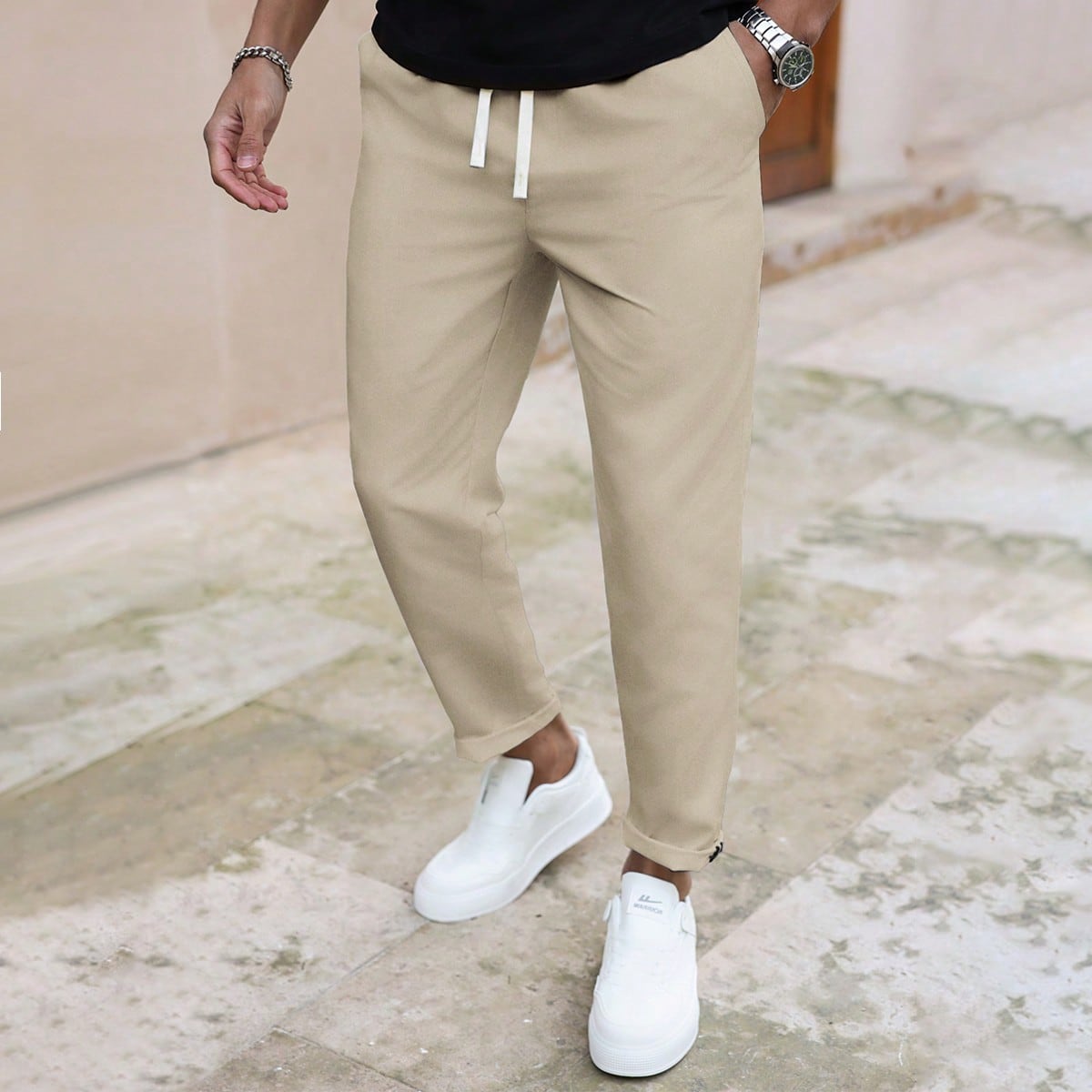 Pantalones rectos de corte slim de unicolor para hombre