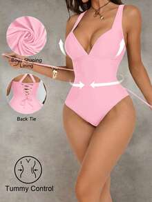 Shapewave Traje de baño de una pieza con control de abdomen y push-up, con parches de color marrón, espalda cruzada, cordón y diseño elegante y sexy para fiestas y piscina - Rosa Pálido - Ver 3