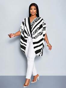 SOLERSUN Women's Elegant Black And White Summer Pastel Striped Leaf Print V-Neck Batwing Sleeve Pleated Asymmetrical High-Low Hem Plus Size Blouse - Black - View 4
