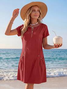 Sylviya Solid Color Zipper Round Neck Women Dress For Summer Commute Daily,Casual - Burgundy - View 4