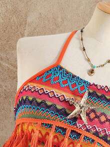 SHEIN Đầm dệt kim jacquard kiểu vintage thường ngày cho bé gái, họa tiết sao biển, cổ buộc dây tua rua, thích hợp cho mùa thu, xuân, hè, đi biển, đi làm, hoạt động ngoài trời, thể thao, trường học, dạo phố, tiệc bãi biển, chụp ảnh. - trái cam - Xem 6