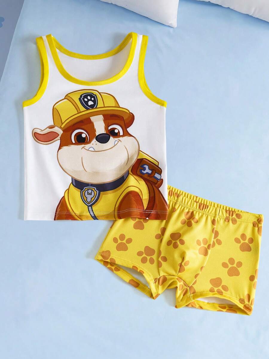 SHEIN | PAW Patrol 2件套男童卡通印花圆领背心和爪印平角内裤套装 - 黃色 - 查看 1