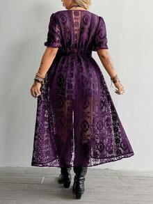 Whyspr Áo sơ mi dài tay ngắn cổ chữ V ren khoét rỗng họa tiết jacquard cỡ lớn, thanh lịch, phong cách retro, dễ thương, thích hợp mặc đi biển, thắt eo, dáng chữ A, mở phía trước, màu đen. - Màu tím - Xem 2