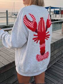 SHEIN EZwear 休闲简约度假风仿刺绣超大龙虾印花宽松圆领长袖卫衣，女士夏季上衣，适合独立日、日常通勤、约会、聚会、秋冬夏三季、圣诞节、新年、感恩节、派对、婚礼、海滩、毕业典礼、时尚、优雅、休闲、外出、约会、预订、通勤、闪亮、情人节、优雅、度假、休闲、Y2K、外出、毕业典礼等场合。 - 淺灰色 - 查看 3