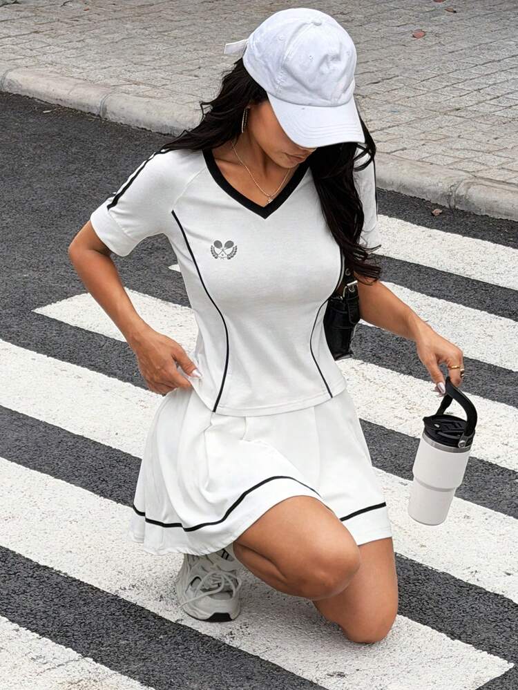 Women's Patchwork Colorblock Print Knit Trim V-Neck Short Sleeve Casual Sports Vacation Summer Top